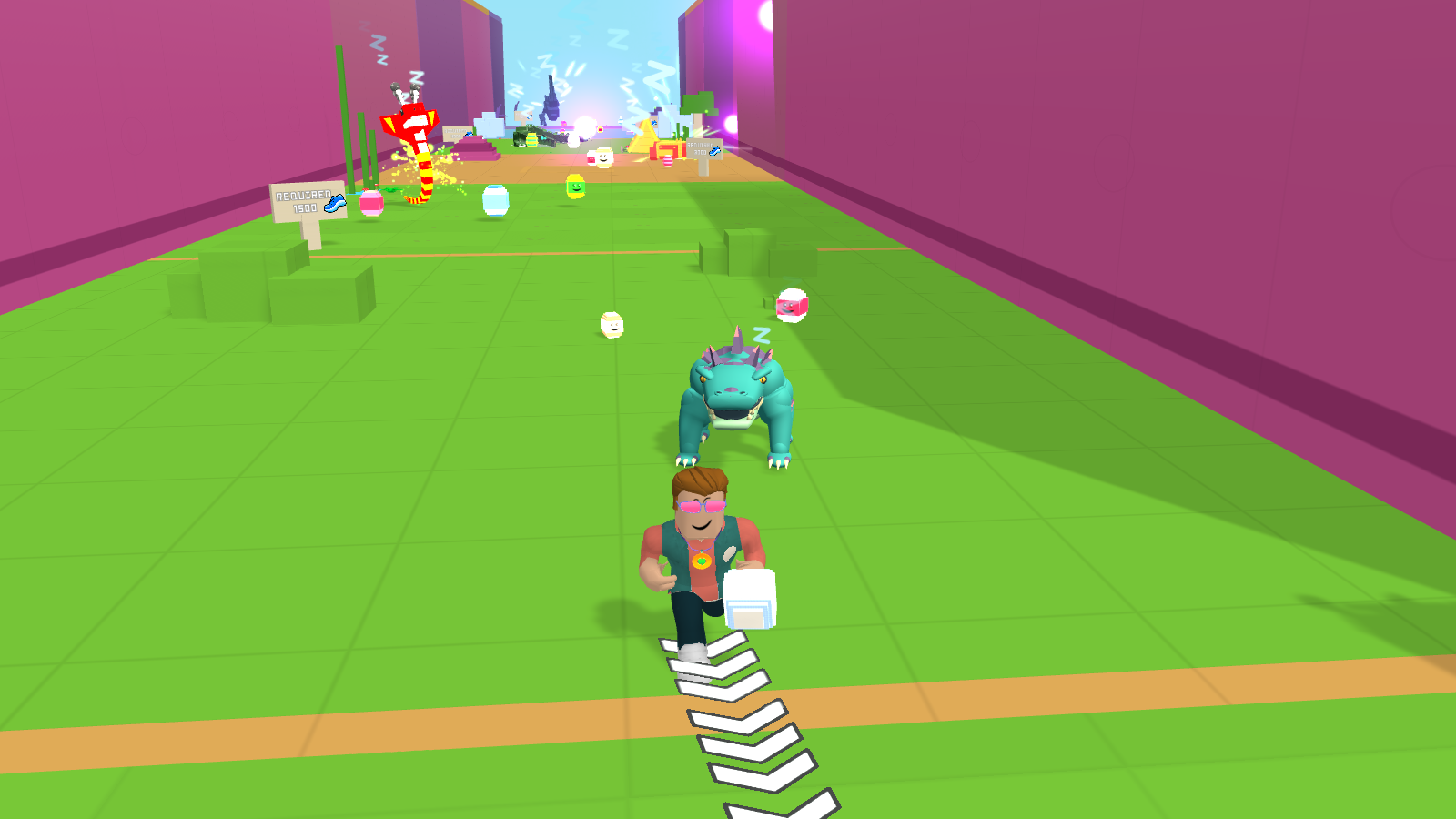 Actual gameplay: Make your escape. Carry the egg while the Ironhide guardian pursues you through the first yard. Captured from the game with the interface hidden.