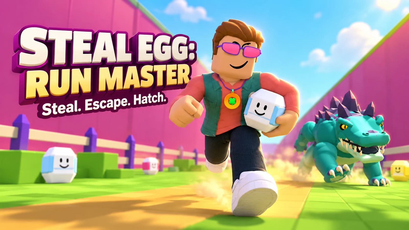 Promotional 3D artwork of the coral-and-teal runner carrying a smiling egg while escaping the spined teal guardian in a vivid candy-colored yard